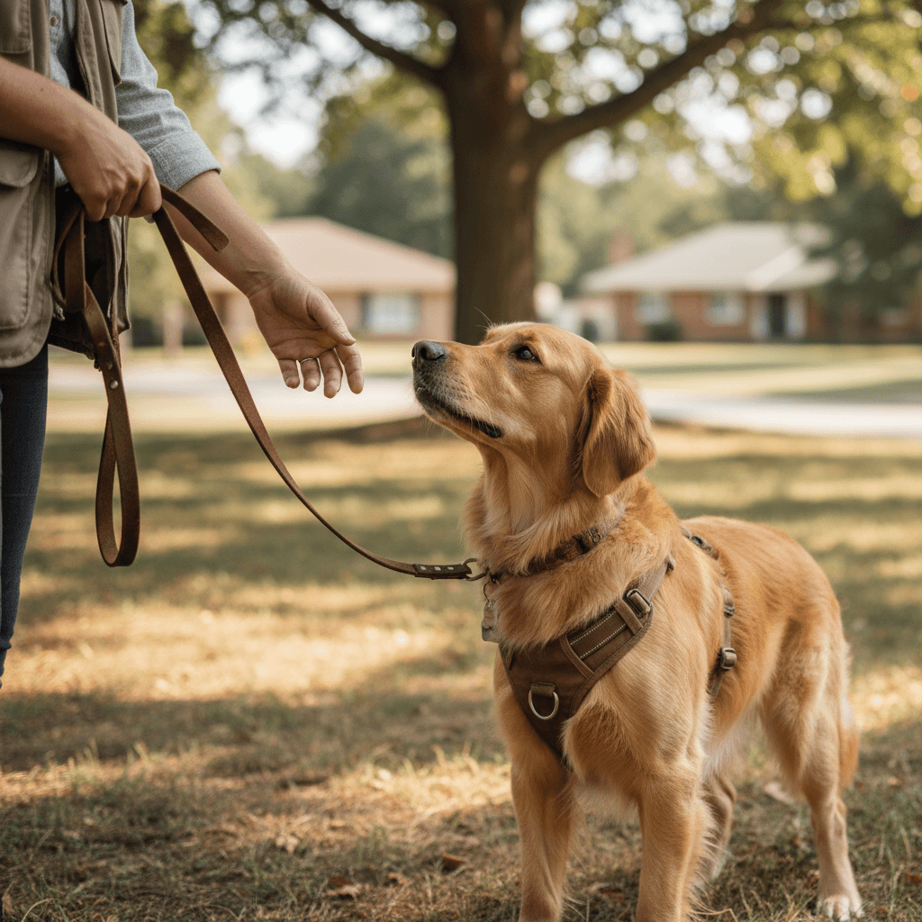Owner training a golden retriever in a sunny backyard