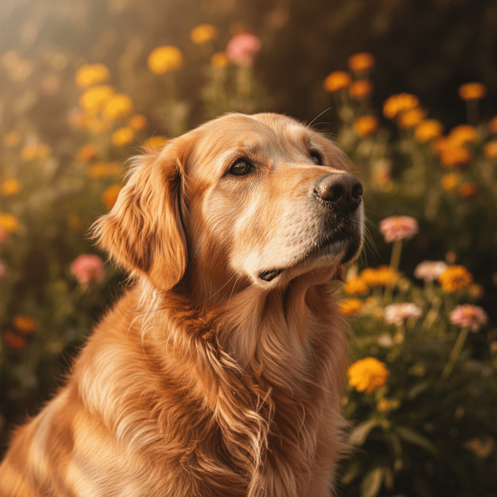 Golden retriever portrait in golden hour sunlight, blurred garden background, close-up of dog's face and expression