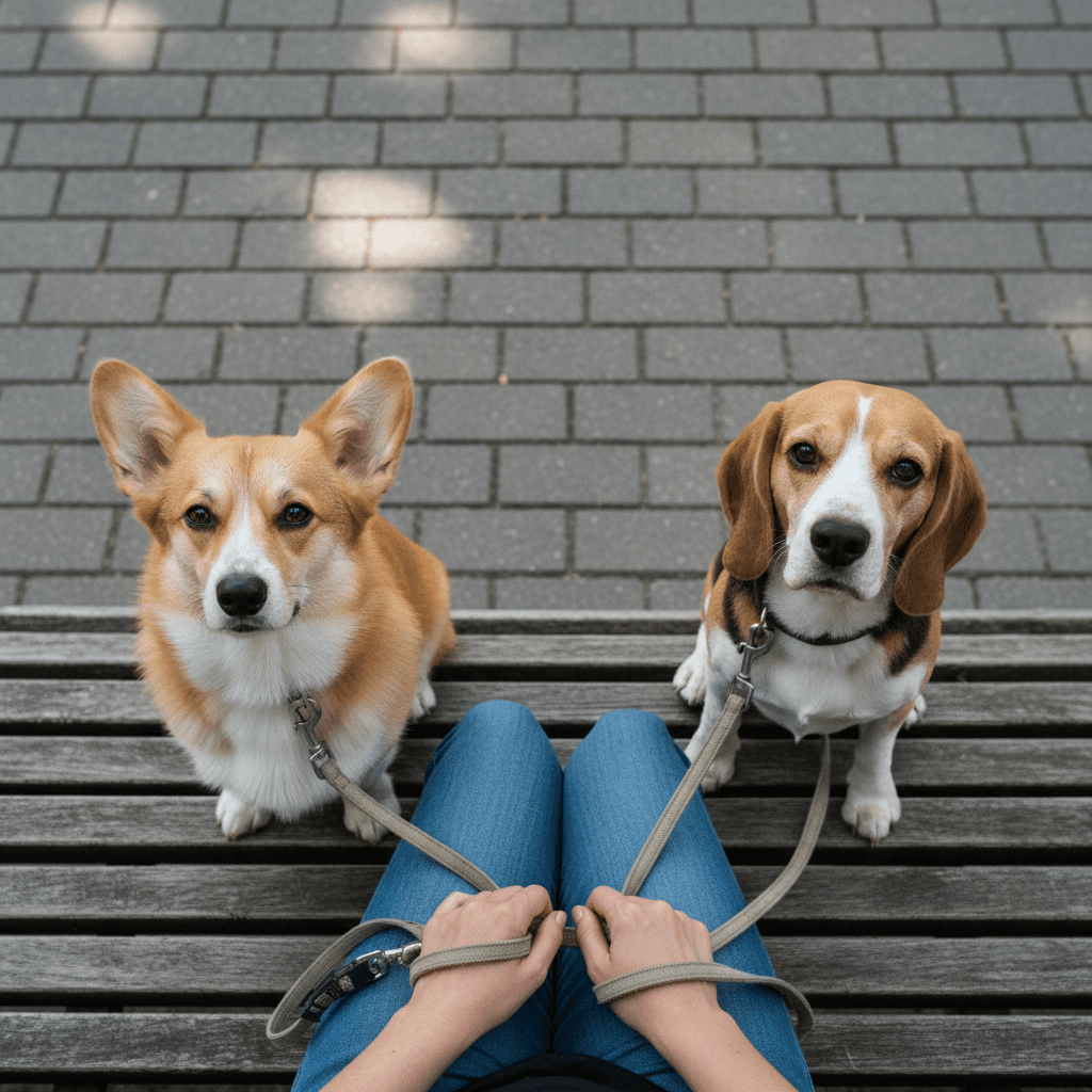 Overhead view of dog walker with corgi and beagle sitting on park bench during midday walk break