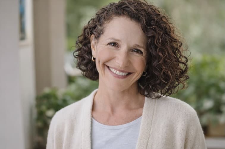 Smiling middle-aged woman with short curly brown hair wearing a cream cardigan and white shirt.