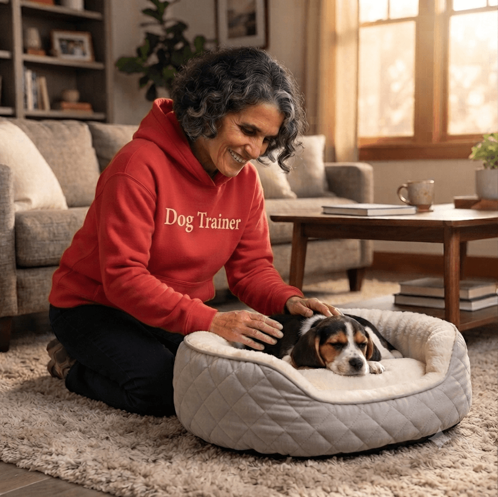 Smiling woman in a "Dog Trainer" hoodie pets a sleeping beagle puppy in its bed.