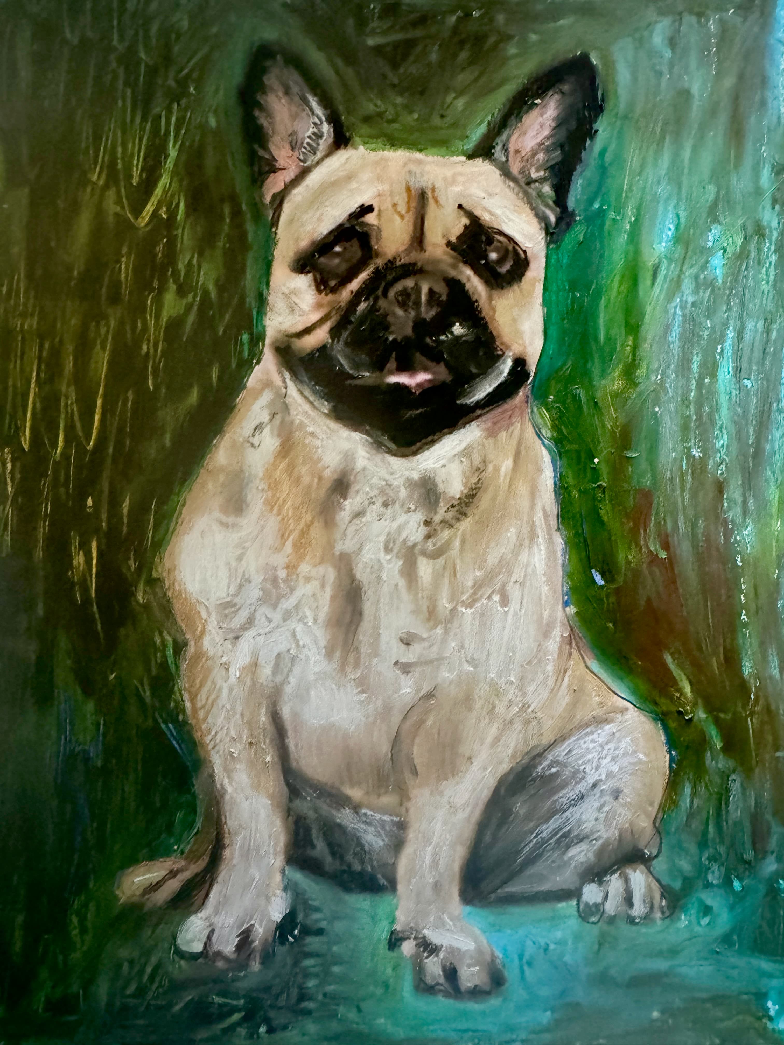 Expressive painting of a tan French bulldog sitting against a textured green and teal background.