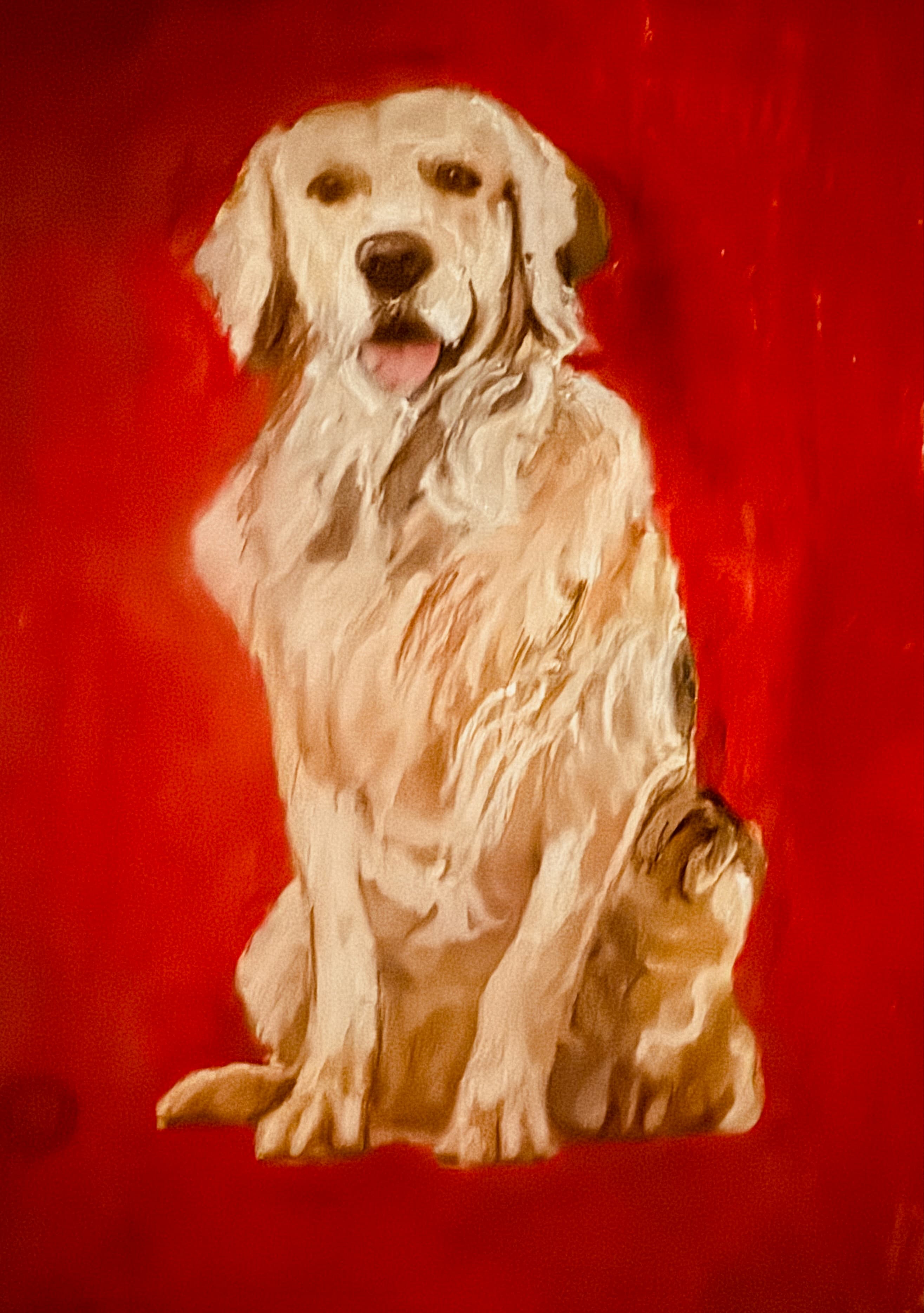 Painting of a golden retriever sitting with its tongue out against a bold red background.