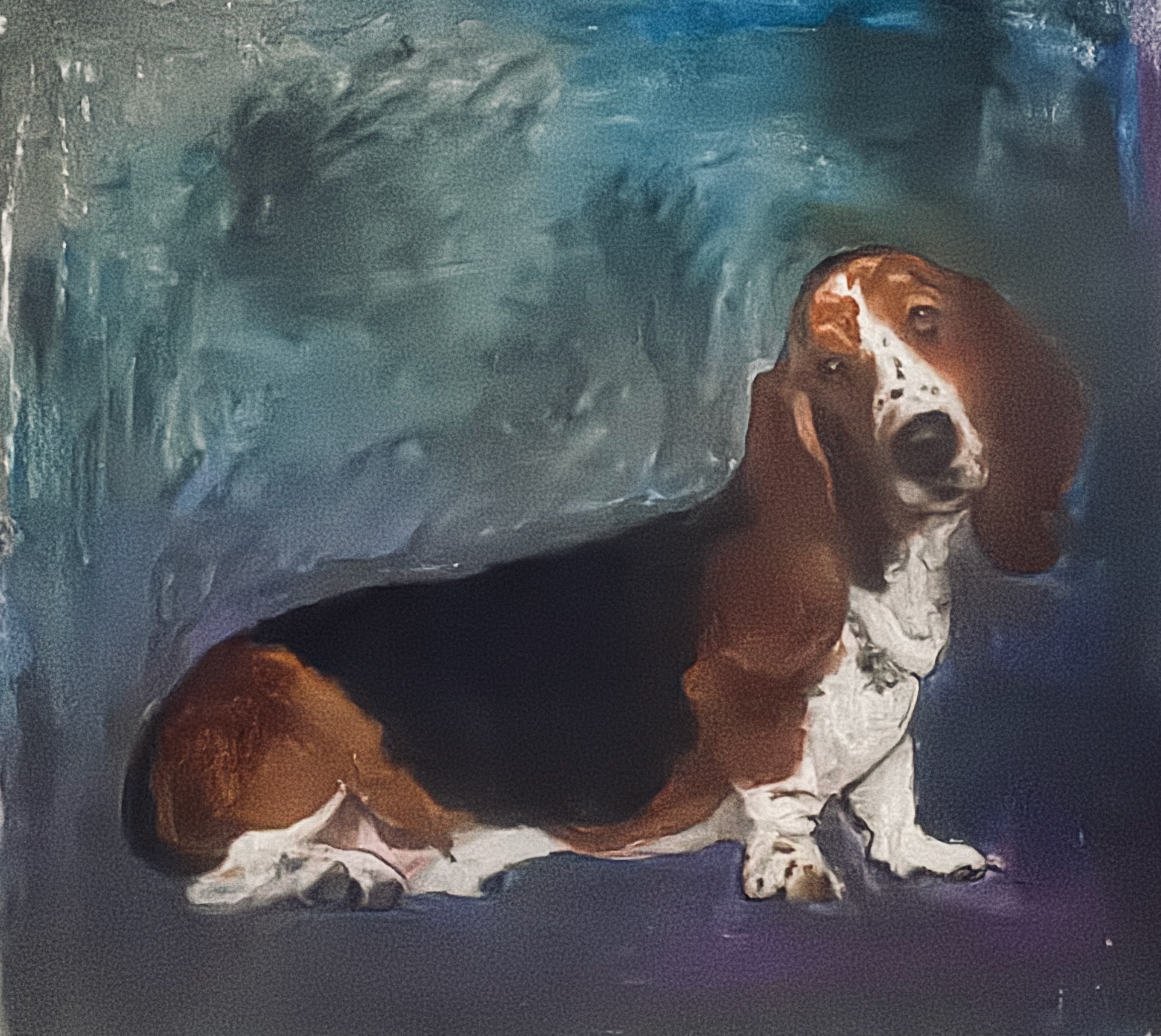 Tricolor Basset Hound with long ears sits against a textured blue and purple abstract background.