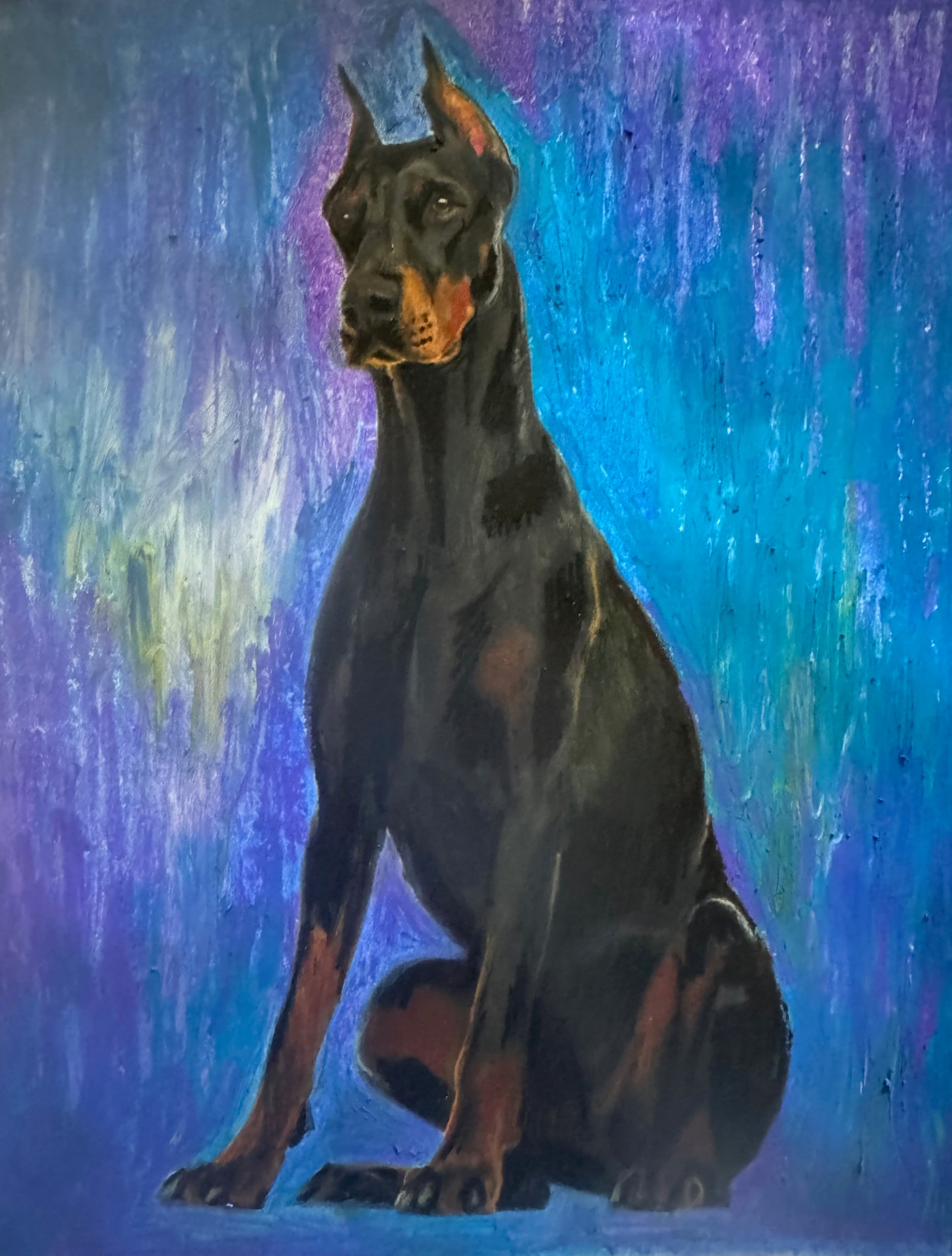 Painting of alert black and tan Doberman sitting against a vibrant blue and purple background.