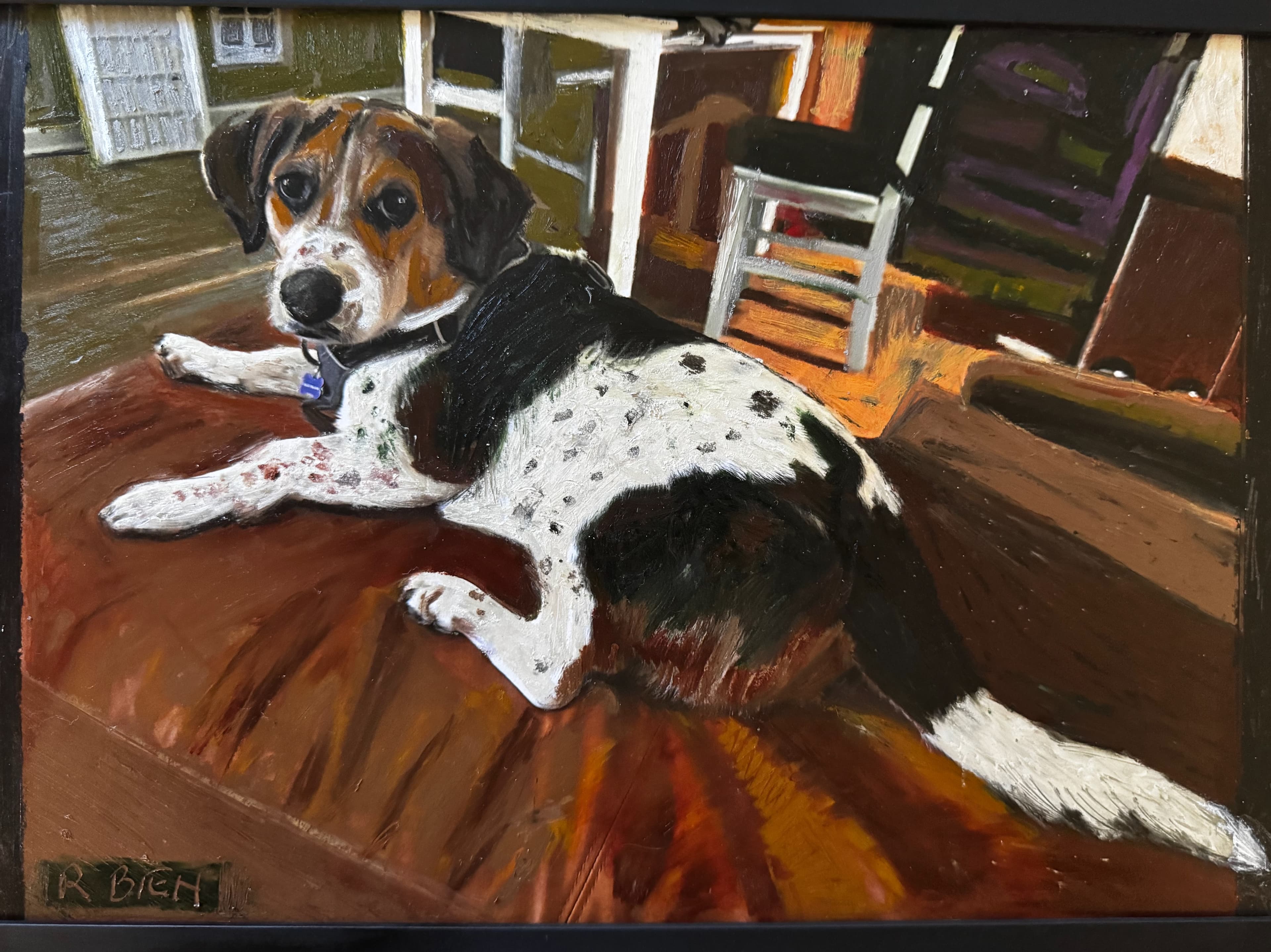 Oil painting of a tricolored spotted hound dog lying down on a brown surface.