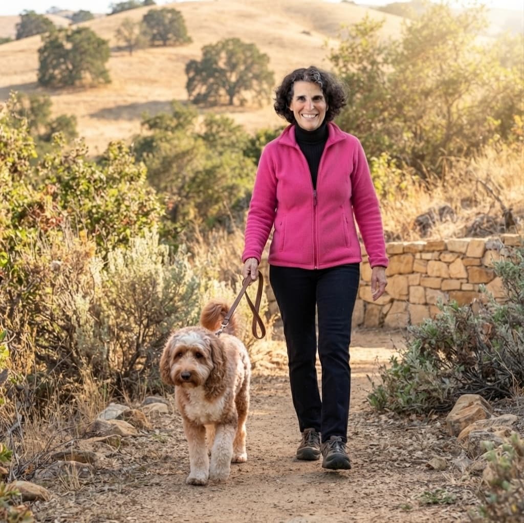 Smiling woman in pink fleece walks a fluffy dog along a sunny hillside trail.